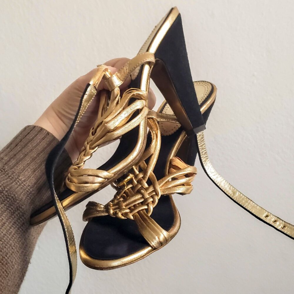 Gold and Black Strappy Roberto Cavalli Sandal Heels Ankle Strap Size 38